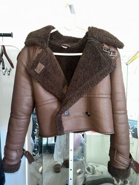 Topshop Cropped Brown Faux Shearling Aviator Jacket